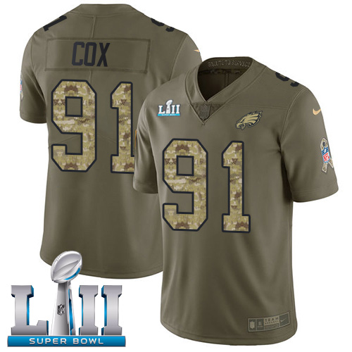 Nike Eagles #91 Fletcher Cox Olive/Camo Super Bowl LII Men's Stitched NFL Limited Salute To Service Jersey